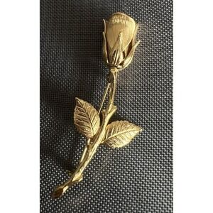GOLD TONE ROSE FLOWER BROOCH PIN 2.75" LONG ROSEBUD VINTAGE